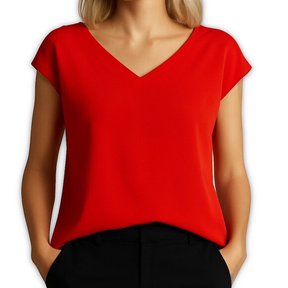 Pleione Red Blouse Chiffon V Neck Cap Sleeve Minimalist Workwear Size XS - Picture 1 of 6